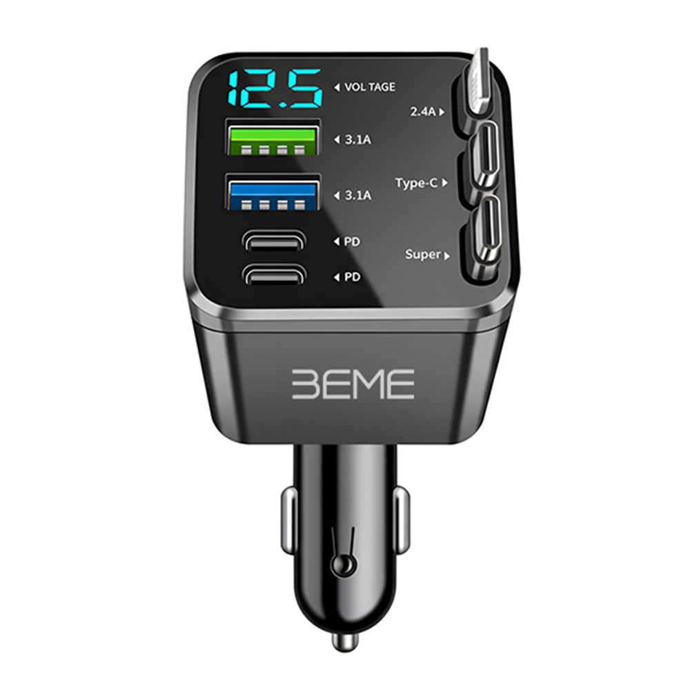 Car charger with digital display and multiple ports on a white background