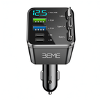 Car charger with digital display and multiple ports on a white background