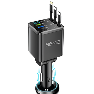 Black charging adapter with multiple ports and a digital display on a white background